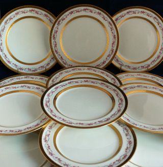 Antique Set 12 Royal Doulton Gold Encrusted Pink Roses Luncheon Plates 9.  25 "