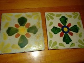 2 Vintage Antique Mexican Hand Painted Glazed Talavera Pottery Tiles 4  X 4 "
