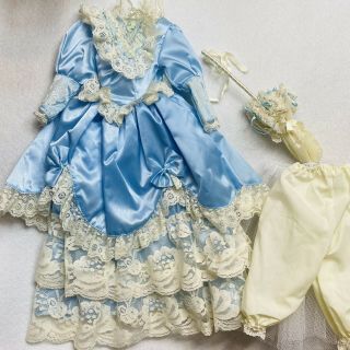 Vtg Doll Dress Clothes Parasol Victorian Style Fits 17” Dolls Blue Satin Lace