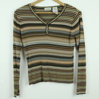 Vintage 90s Y2k Ribbed Knit V Neck Henley Long Sleeve Striped Shirt Skate S
