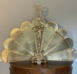 Vintage Ornate Brass Peacock Style Folding Fan Fireplace Screen Art Deco 2
