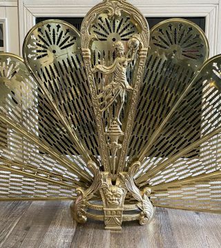 Vintage Ornate Brass Peacock Style Folding Fan Fireplace Screen Art Deco 3