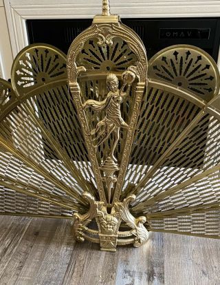 Vintage Ornate Brass Peacock Style Folding Fan Fireplace Screen Art Deco 4