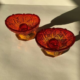 Pair John Kemple Glassworks Red Orange Heavy Glass Sawtooth Edge Candle Holders 2