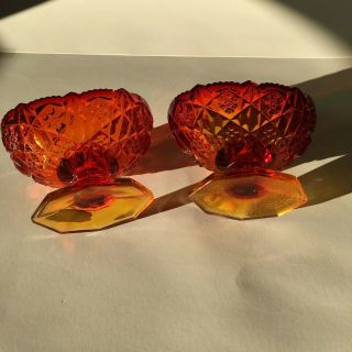 Pair John Kemple Glassworks Red Orange Heavy Glass Sawtooth Edge Candle Holders 3