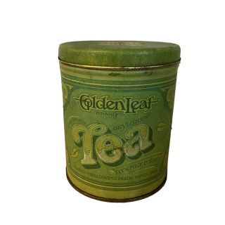 Vintage Ballonoff Golden Leaf Brand Green Tin Canister Tea Container With Lid Vg