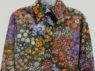 Vtg 60s 70s Retro Boho Hippy Tiny Floral Print Poly Knit Blouse Shirt Medium
