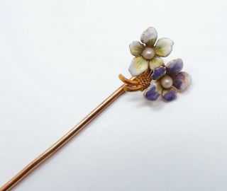 Charming Antique C1900 14k Gold Enamel Seed Pearl Flower Lapel Stick Pin