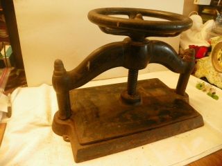 1893 - Antique Cast Iron Hand Crank Screw Book Press=15 " Plate - Opens 3 1/4 " Wide