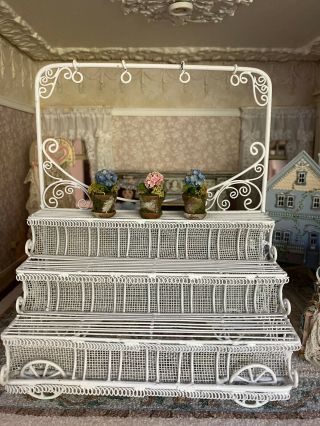 Vintage Miniature Dollhouse White Wire Wicker Rolling Garden Cart For Flowers