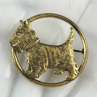 Antique Scottish West Highland Terrier Dog Brooch Pin Gold Tone Scotty Westie