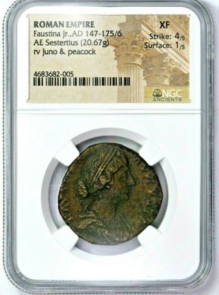 Roman Empire Faustina Jr.  Ad 147 - 175/6 Ae Sestertius 20.  67g Rv Juno,  Peacock.  99