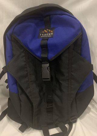 Vintage Trager Seattle Backpack Day Pack Book Bag Blue Black Nylon Made In Usa
