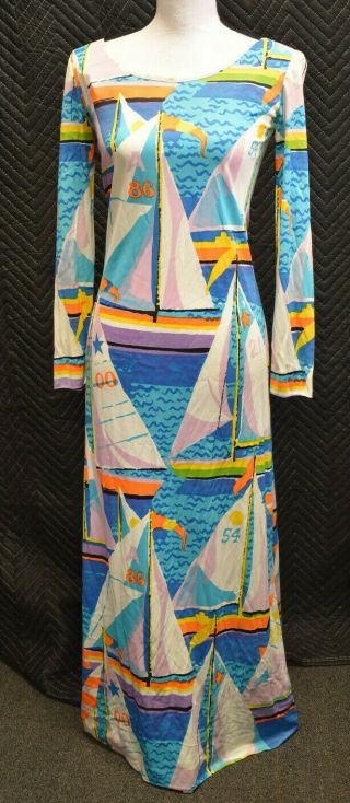 Vintage Multicolor Sailboat Print Long Sleeve Dress Size Small