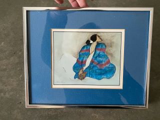 R C Gorman Vintage Art Print Woman Blue Blanket Navajo Framed Matted 8x10”