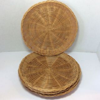 Set Of 4 Vtg Wicker Paper Plate Holders Bamboo Woven Camping Picnic 9.  5”