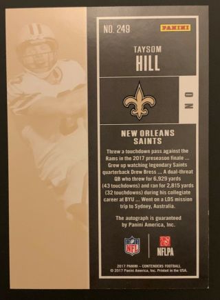 2017 Taysom Hill RC PANINI CONTEDERS Rookie Ticket AUTO READ 2