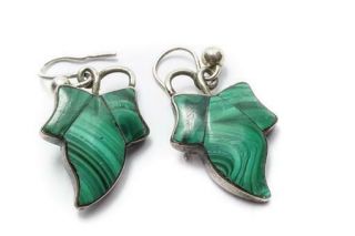 Antique English Sterling Silver Malachite Ivy Leaf Earrings C1880