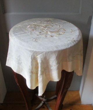 Antique Silk Embroidered Dresser Scarf Or Shawl