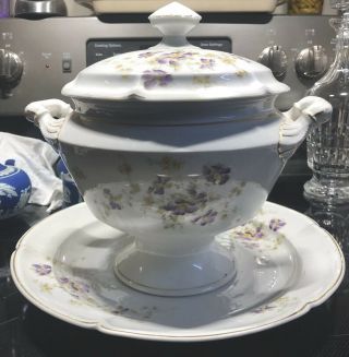 Antique Unstamped Porcelain Soup Tureen With Plate.