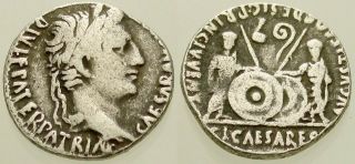 008.  Roman Silver Coin.  Augustus,  Ar Denarius.  Lugdunum.  Gaius & Lucius.  Fine