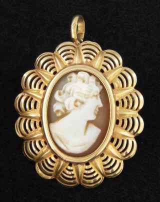 Antique / Vintage 18k / 750 Yellow Gold Shell Cameo Brooch & Pendant - 6.  6 Gr.
