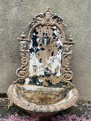 Antique French Cast Iron Wall Fountain Garden Sink Lavabo W Mounts & Fittings
