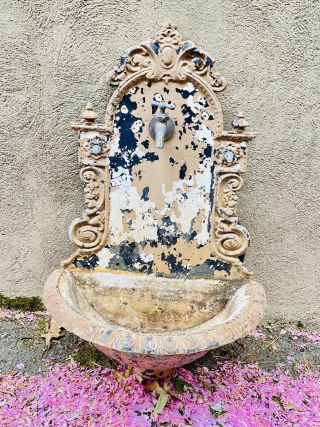 Antique French Cast Iron Wall Fountain Garden Sink Lavabo w Mounts & Fittings 2