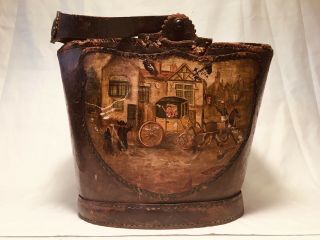 Antique 19th C Leather Fire Bucket W/ Painting Of Village On Fire Horse Carriage
