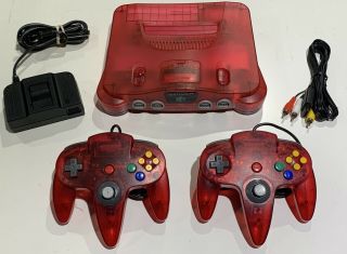 Nintendo 64 N64 Watermelon Red Console,  2 Controllers,  Hook Ups