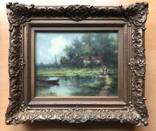 Antique Circa 1900 J.  Huliston American Impressionist Landscape Sailboat O/c N.  R