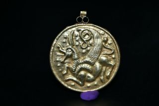 Extremely Fine Ancient Roman 18k Gold Pendant With Engraving Of Winged Beast