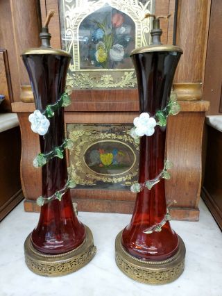 Antique Art Glass Lamps With Applied Flowers