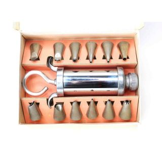 Vintage Icing Set Metal Syringe Fill Nozzle,  12 Tips Nut - Brown England 1950s