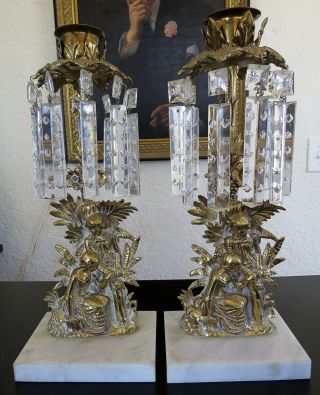 Antique Pair Victorian Girandole French Crystal Candelabra Candle Holder Brass