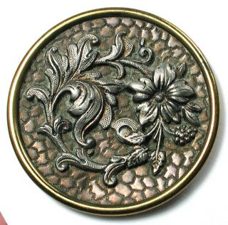 Antique Brass & Steel Button With Fabulous Detailed Flower Design - 1 & 7/8 "