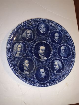 Antique Flow Blue Plate Rowland Famous Musicians & Composers 10 "