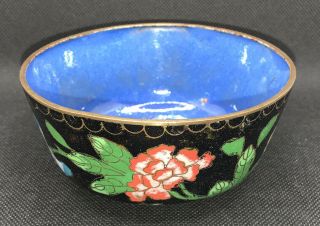 Antique Chinese Cloisonne Bowl With Black Ground 4 1/4” Diameter
