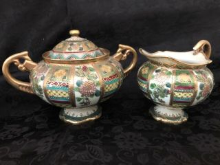 Antique Nippon Hand Painted Large Sugar And Creamer Heavy Gold Moriage
