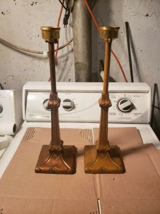 Pair Matching Pittsburgh Lamp Base Art Nouveau Arts & Crafts Reverse Painted