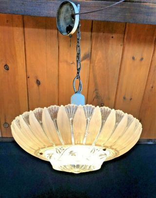 Antique 3 Chain Hanging Ceiling Light Fixture Cream /clear Art Deco Glass Shade