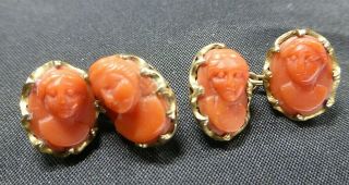 Antique Victorian Carved Salmon Coral Cameo Cufflinks Could Convert To Earrings