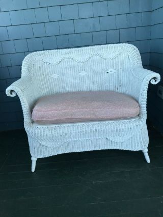 Vintage White Wicker Chair,  Love Seat With Cushion,