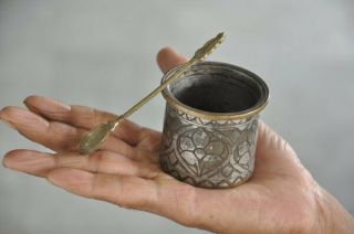 Old Brass Handcrafted Floral Engraved Small Holy Water Pot,  Patina