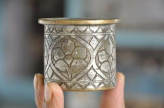 Old Brass Handcrafted Floral Engraved Small Holy Water Pot,  Patina 3