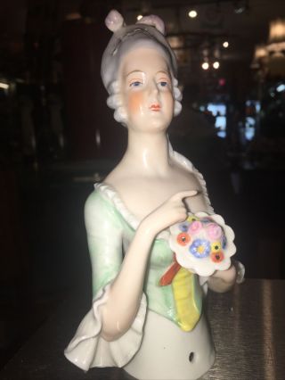 Antique German Porcelain 6” Half Doll Powdered Wig And Bouquet