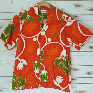 Vintage 50s 60s Hawaii Nei Barkcloth Shirt M Bright Orange Tropical Floral Tiki