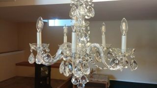 Antique/ Mid Century Glass Crystal 5 Arms Chandelier With Large Prisms