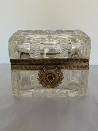 Antique French Cut Crystal Glass Hinged Trinket Box With Gold Ormolu Trim