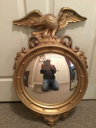 Vintage All Wood American Eagle Federal Convex Bubble Glass Mirror Wall Hanging